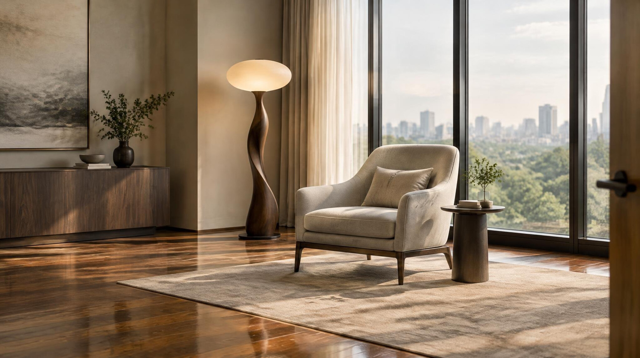 Private coaching studio with sculptural lighting and wooden floor
