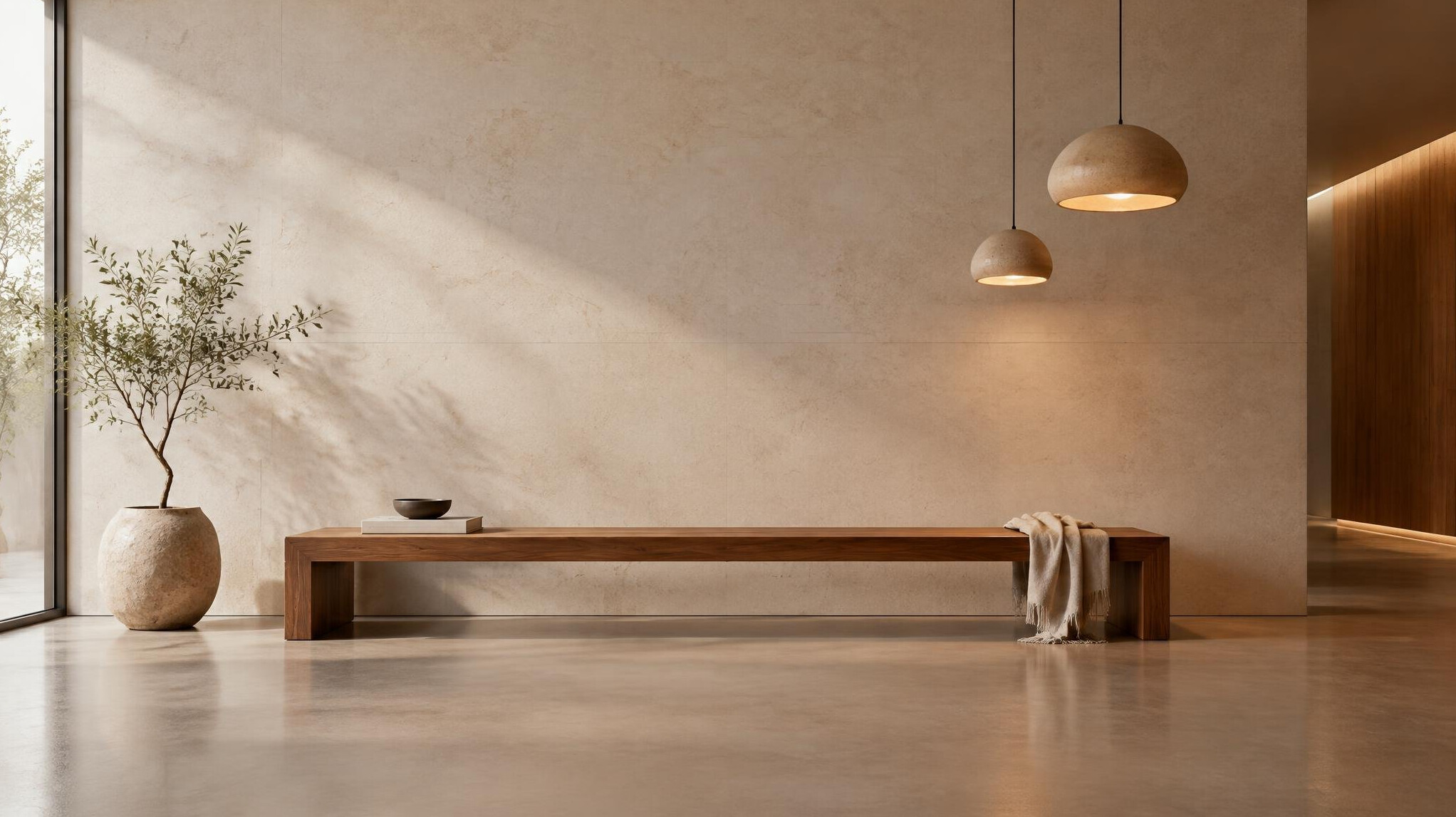 Bright minimalist studio entrance with stone wall and warm lamps